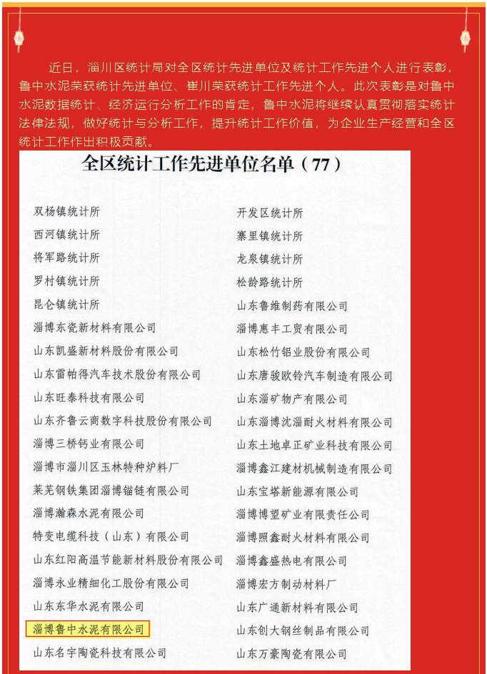 魯中水泥榮獲統(tǒng)計(jì)先進(jìn)單位、崔川榮獲統(tǒng)計(jì)工作先進(jìn)個(gè)人92