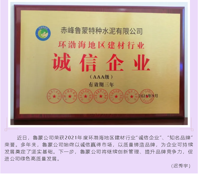魯蒙公司榮獲2021年度環(huán)渤海地區(qū)建材行業(yè)“誠信企業(yè)”、“知名品牌”榮譽95