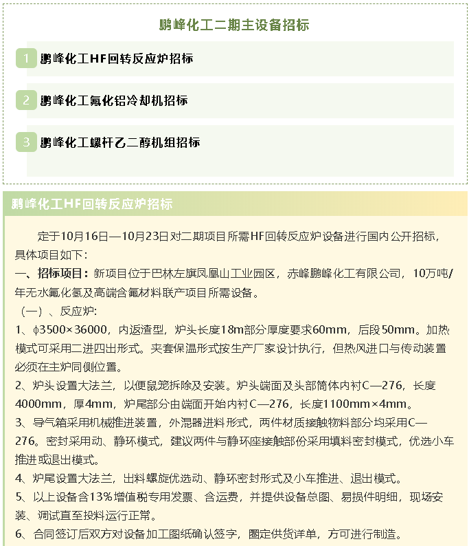【招標公告】鵬峰化工HF回轉(zhuǎn)反應(yīng)爐、氟化鋁冷卻機、螺桿乙二醇機組招標43